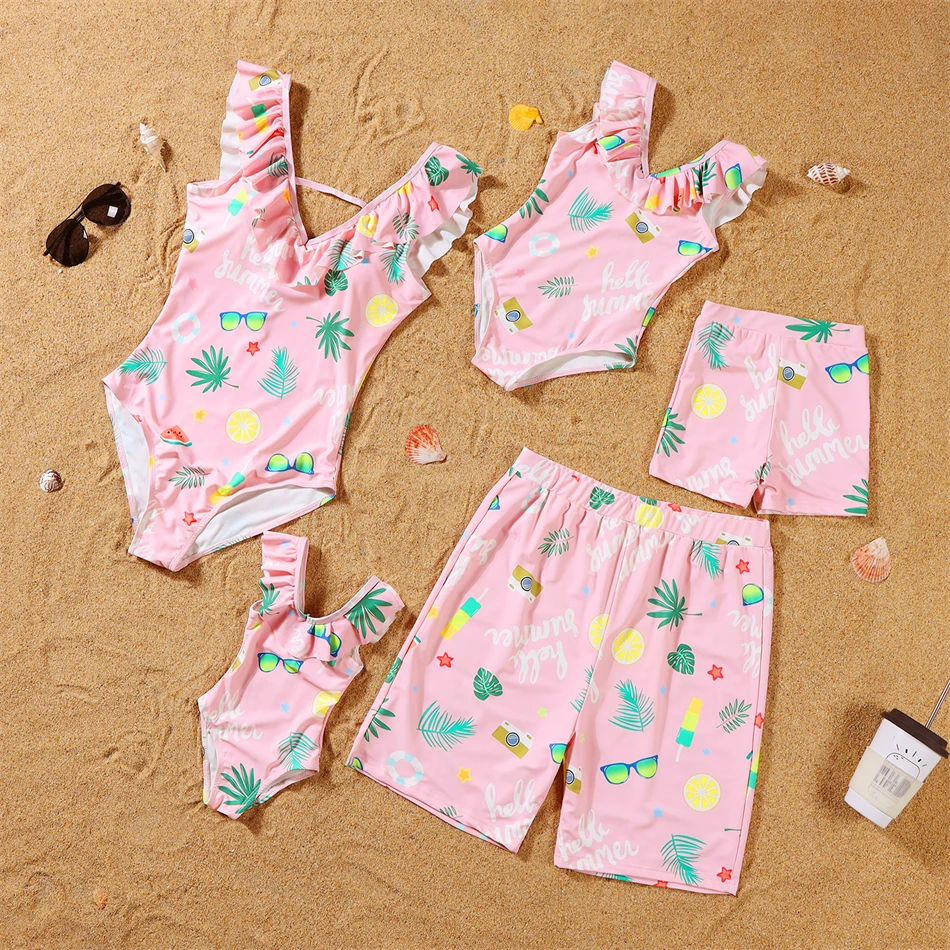

2022 New Family Swimsuits V-Neck Mother Daughter Matching Swimwear Mommy and Me Bikini Dresses Clothes Father Son Swim Shorts