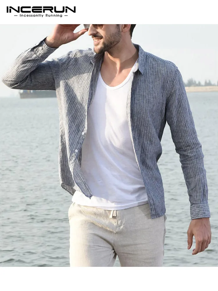 

INCERUN Men Striped Shirts Vintage Long Sleeve Turn Down Collar Camisa Casual Buttons Chemise Social Tops Mens Shirt Streetwear7