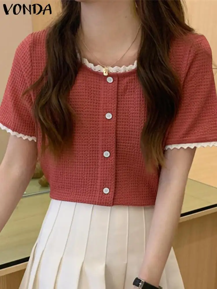 

Fashion Women Shirts 2022 VONDA Short Sleeve Button Up Blouse Shirts Crochet Patchwork Pleated Tops Female Blusas Femininas