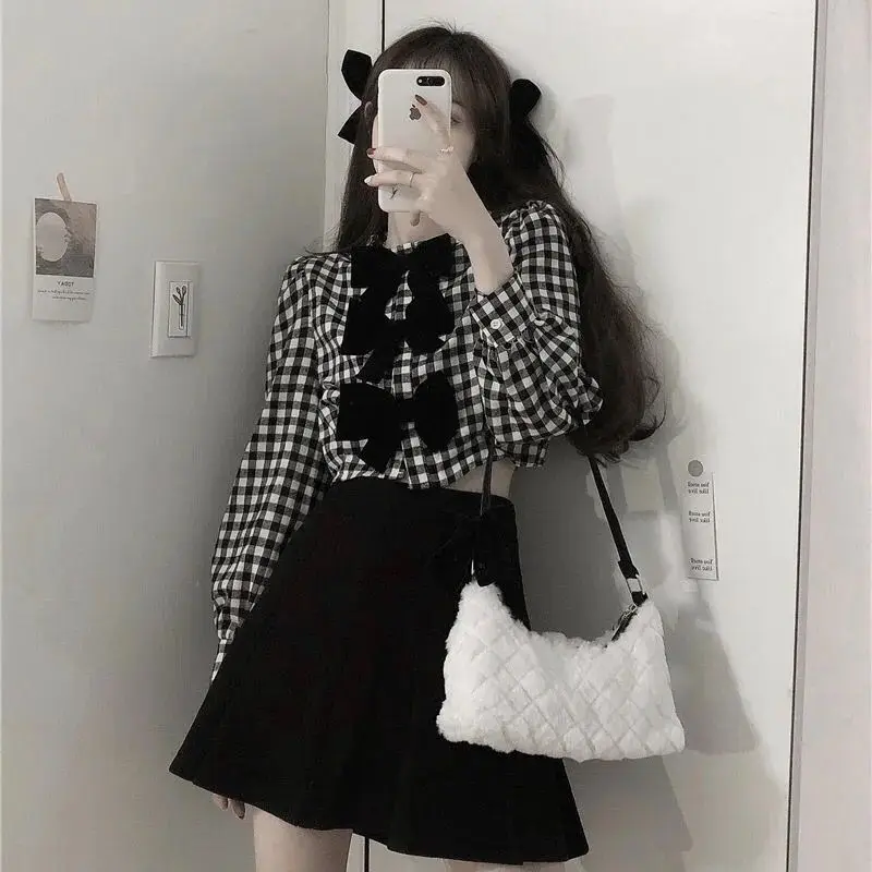 

Женский клетчатый укороченный повседневный костюм в стиле преппи с длинными рукавами и бантом, винтажная уличная одежда с круглым вырезом ...
