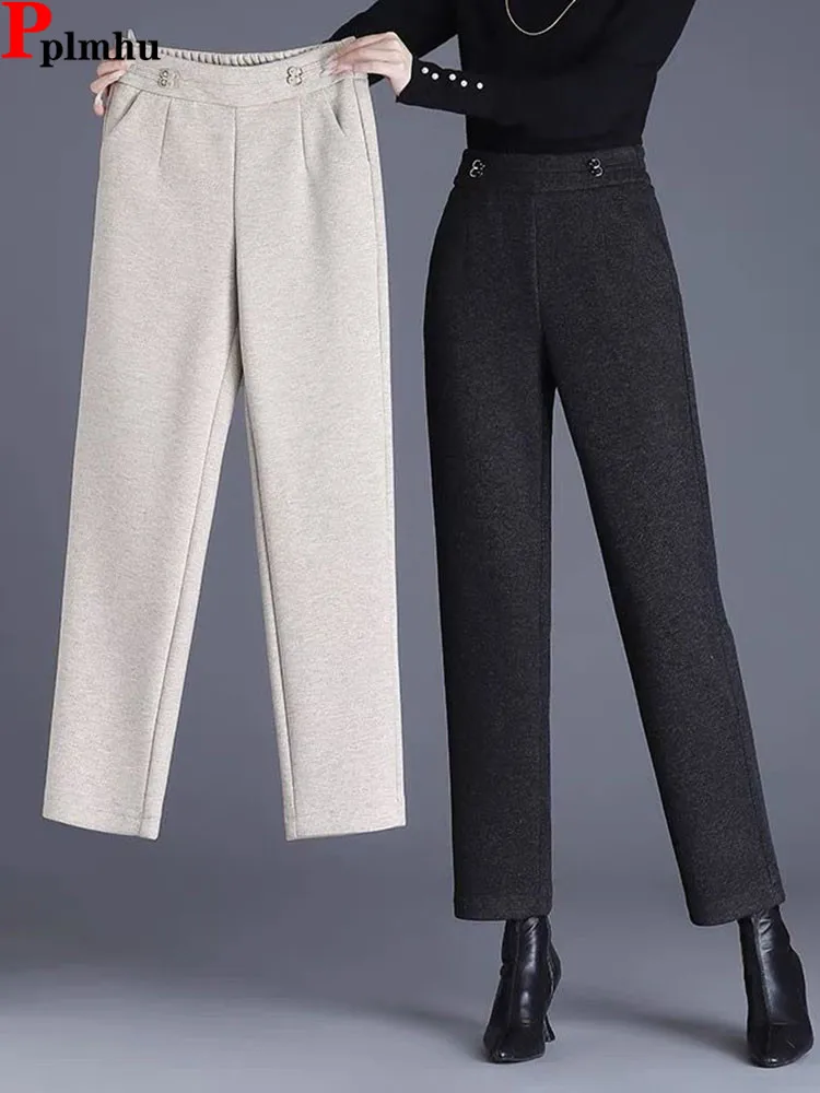 Осень-зима шерстяные свободные прямые брюки корейская мода широкие с высокой