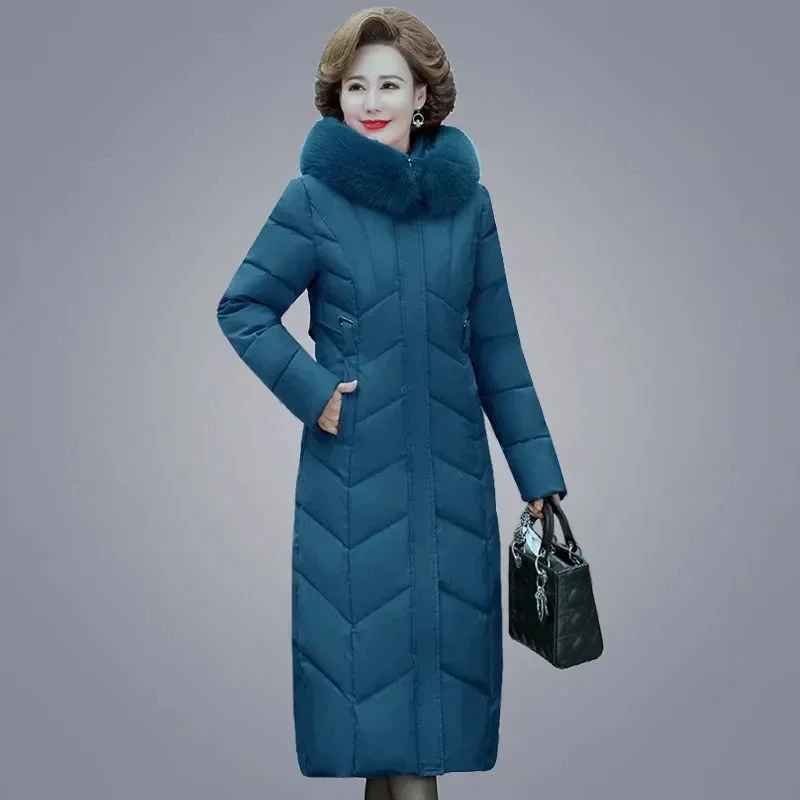 Стеганая очень толстая длинная парка для мам Зимняя с капюшоном меховым