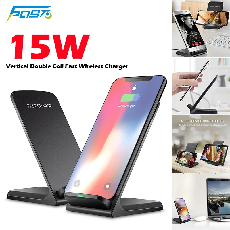 

15W Vertical Double Coil Fast Charger For iPhone 8 11 12 XR Pro Max Mini Black Wireless Charger Micro or Type C Charging Holder