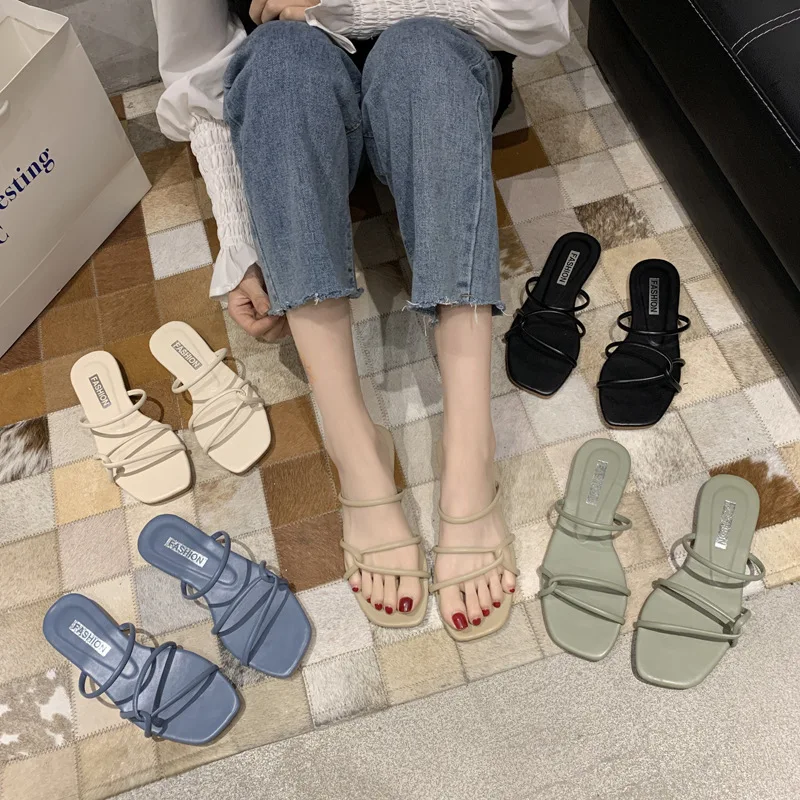 

Shoes Women Female Slippers Cross-Tied Slides Fashion Soft 2022 Flat Summer Luxury Basic Fabric PU Rubber Narrow Band Casual