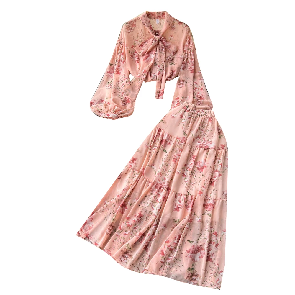 

New Spring Autumn Women Sweet Floral Skirt Suits Lace-up Bow Collar Long Sleeve Shirt And High Waist Long Skirt Two Piece Set