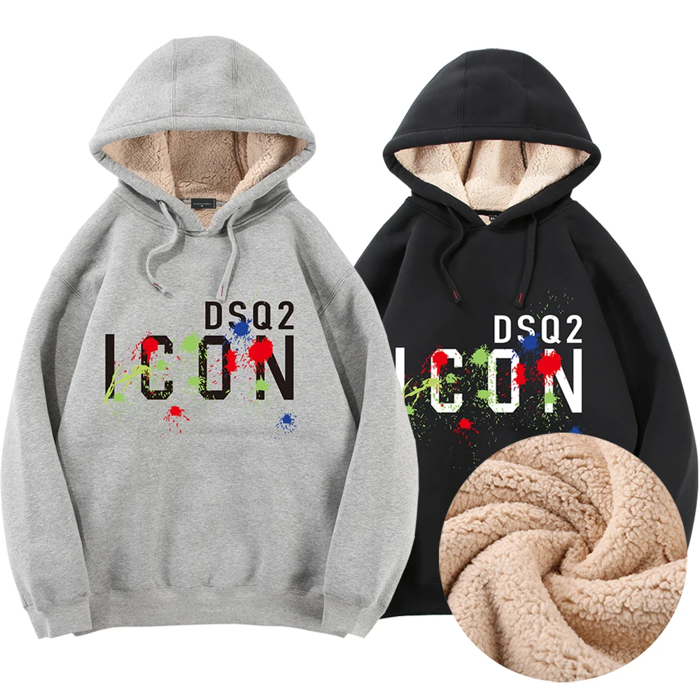 

Mens Autumn Winter Cashmere Hoodies ICON Mens Casual Loose Thcik Warm Cotton HoodSweatshirt Street Couple DSQ2 Print Pullover