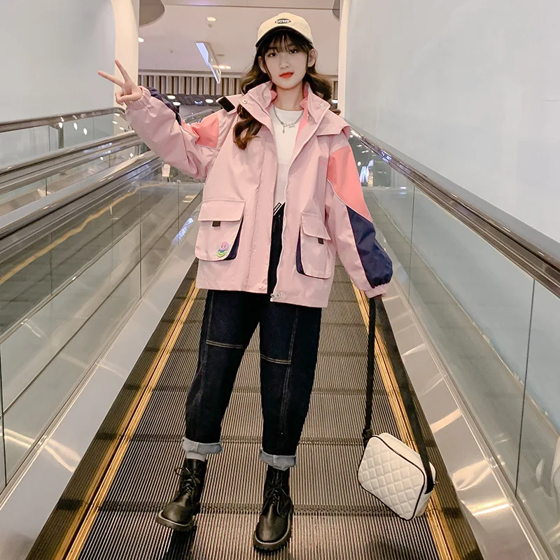 

Новинка 2022, куртка с длинным рукавом, милое комбинированное пальто для девочек, модная осенне-зимняя Детская уличная одежда, повседневная т...