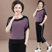 middle aged and elderly womens summer suits short sleeved sportswear tops t shirt top pants 2 pcs home service sets