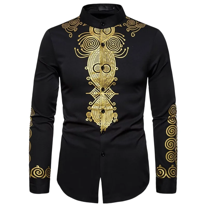 New Spring And Autumn Vintage Gold Printed Casual Shirt Long Sleeve Lapel Men's Clothing Quick Dry Fashion Gold Printed Shirt