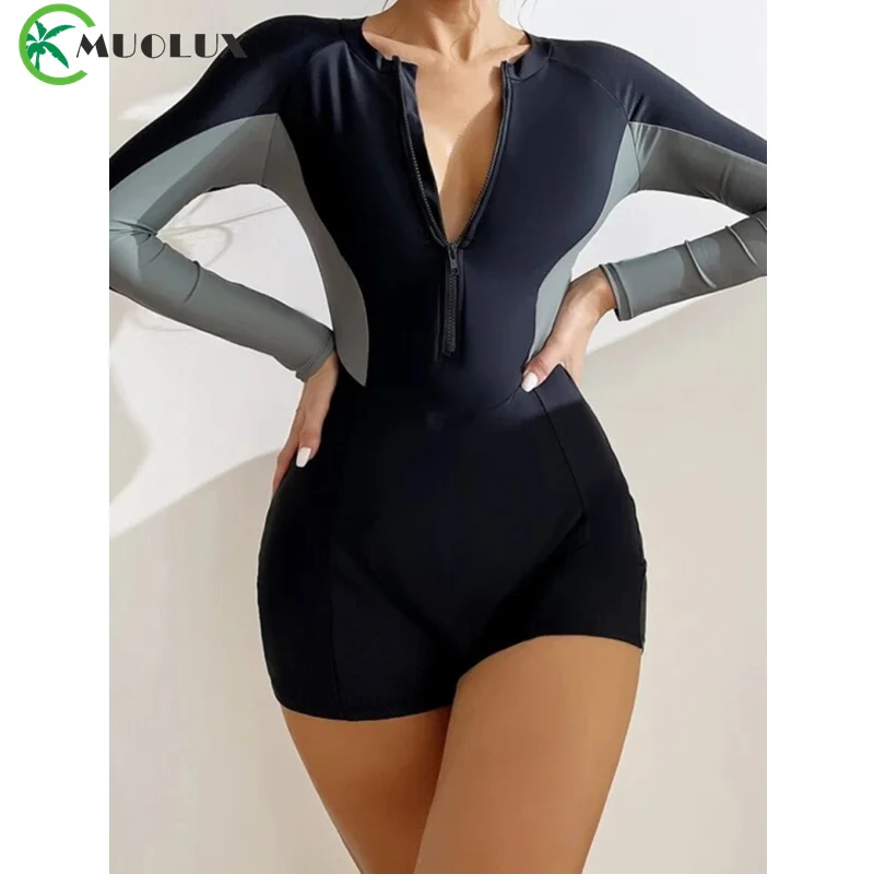 Спортивный женский слитный купальник MUOLUX 2024 с коротким рукавом и принтом шорты