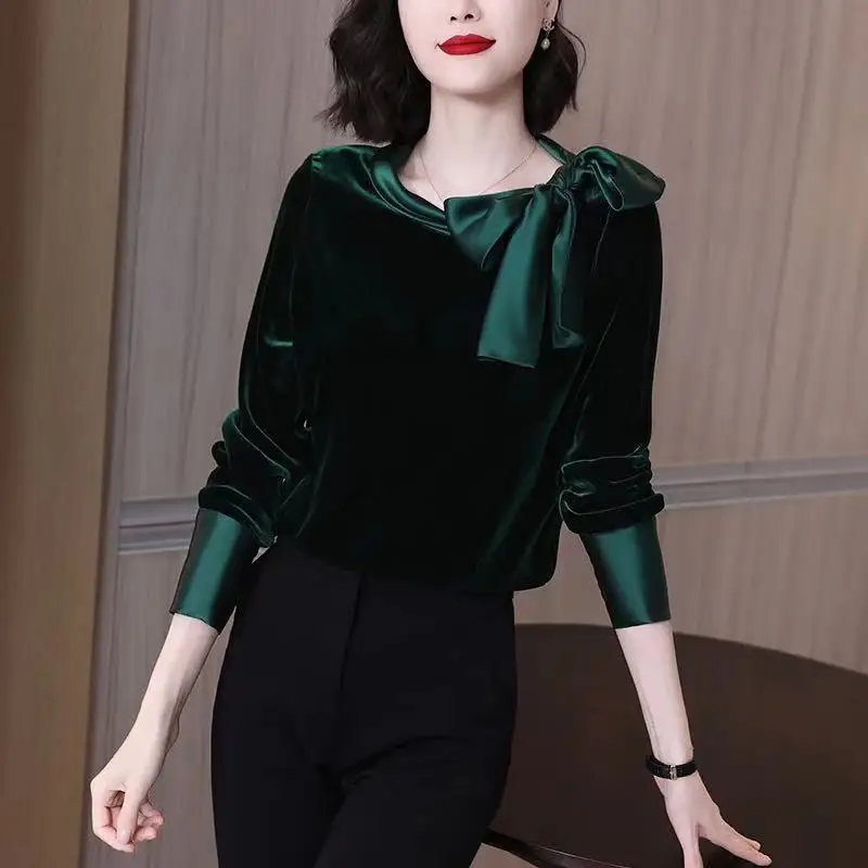 

Autumn and winter gold velvet shirt blouse female design small bow french retro long-sleeved gold velvet blouse clothing tops