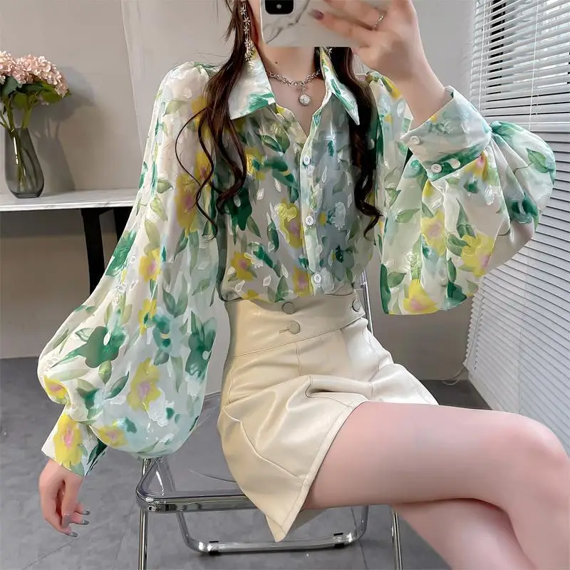 

Fashion Chiffon Button Printed Floral Lantern Sleeve Shirt Loose Casual Tops 2022 New Women's Clothing Commute Blouses
