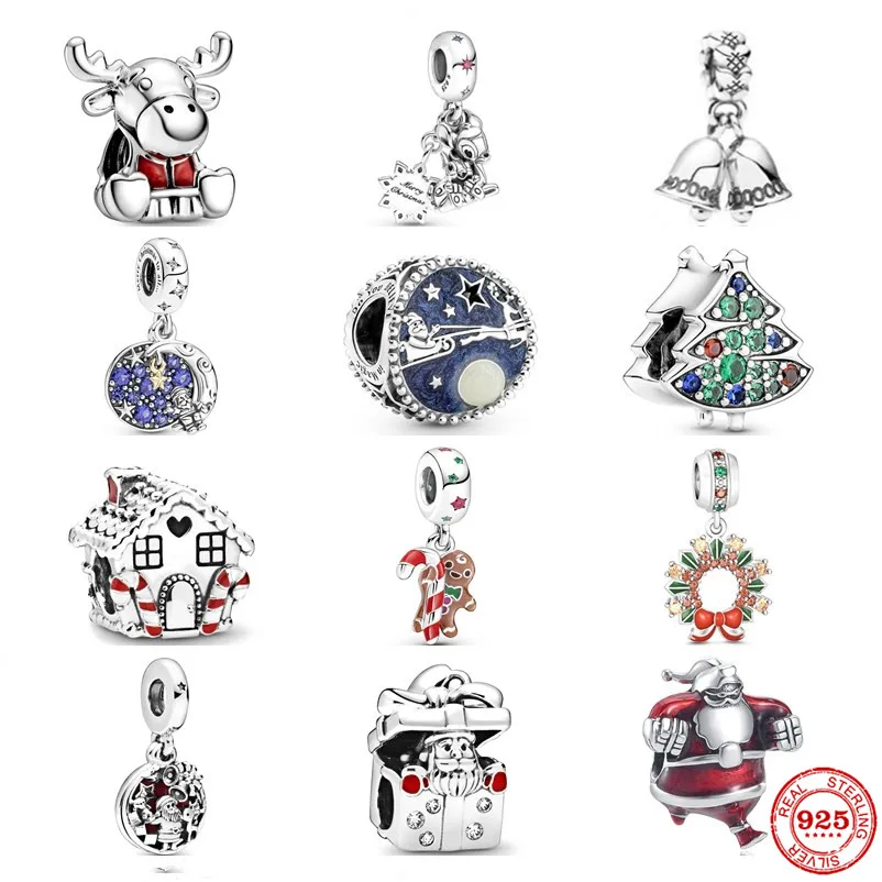 

Europe New 925 Silver Fit Original Bracelet Christmas Charm Santa Claus Reindeer Bead Candy Cane Pendant Jewelry DIYGift