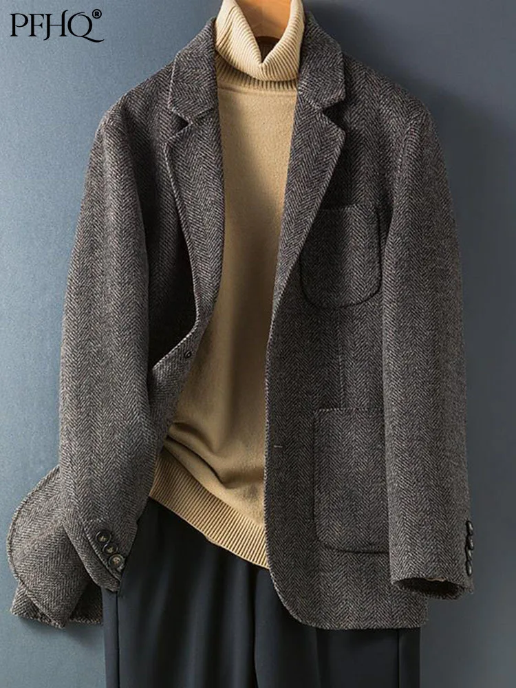 

PFHQ Trendy Men Elegant Woolen Coat Gentleman Suit Autumn Winter Double-sided Tweed Alpaca Wool Business Casual Clothes 21Q4525