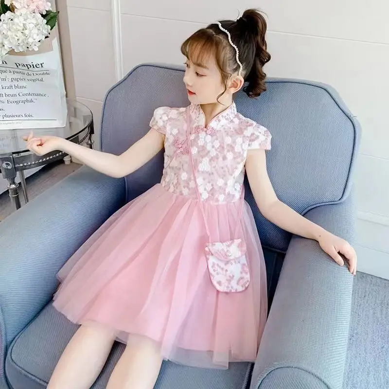 Hanfu girls Summer Dress Princess Dress Girls New Western-style Cheongsam Skirt Girls Skirt Gauze Skirt Dress