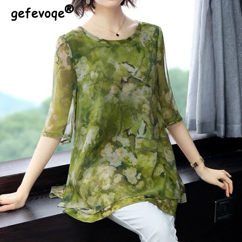 

Vintage Casual Fashion Floral Printing Long Chiffon Shirt Summer 2022 O-Neck Half Sleeve Loose Pullovers Blouse Ladies Clothing