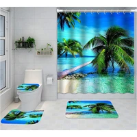 summer beach blue sea shower curtain set tropical ocean palm tree scenery landscape bathroom curtains rug toilet cover bath mats