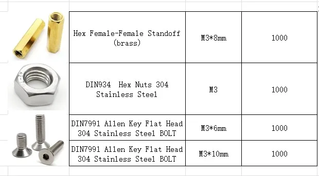 

brass standoff M3x8, hex nut M3, DIN7991 screw M3x6, M3x10 each 1000pcs