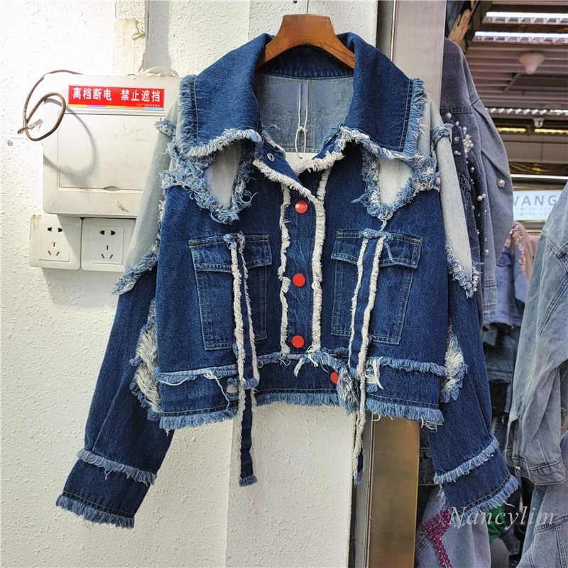 

Jacket Women Spring 2022 New Short Loose Washed-out Brushed Ripped Contrast Color Denim Coat Veste Femme Ladies Steetwears