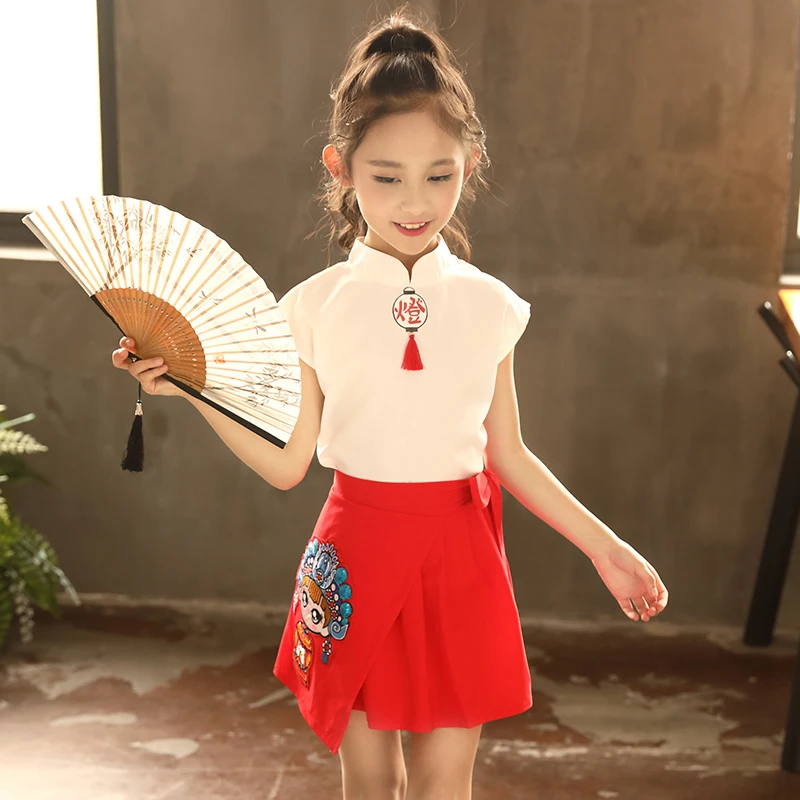 

Fashion Lantern T Shirt Tops Cute Hua Dan Skirt Tang Suit Teenage Girls Clothing 2PC Children hanfu Clothes Girl Teen Baby
