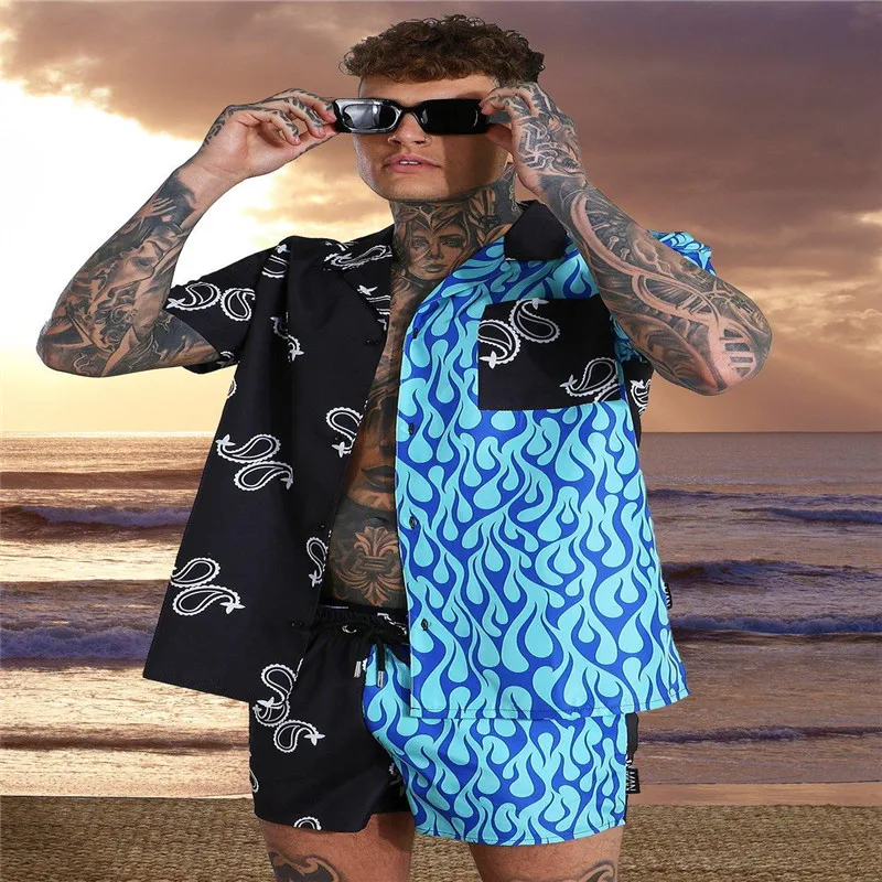 

Patchwork Print Men Sets New Short Sleeve Casual Shirt+Beach Shorts 2-piece Summer Holiday Hawaiian Suits Streetwear Men S-3XL