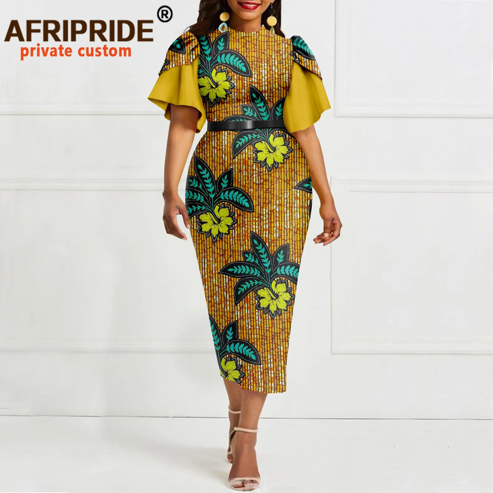 

Afripride Ankara Dresses for Women Ruffle Sleeves Mid-Calf Length Casual Cotton Dress with Leather Belt A2225059