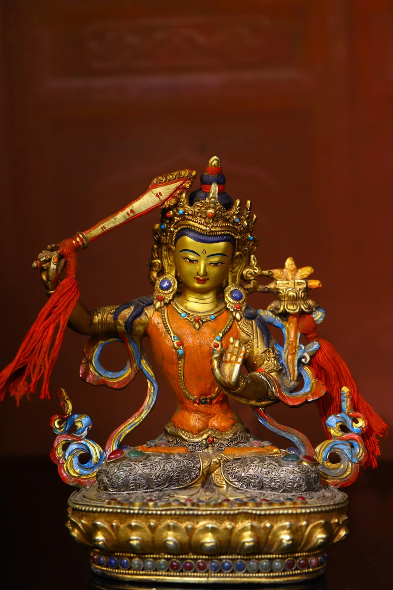 

9"Tibetan Temple Collection Old Tibetan silver Outline in gold Painted Mosaic Gem Manjushri Bodhisattva Buddha Worship Hall