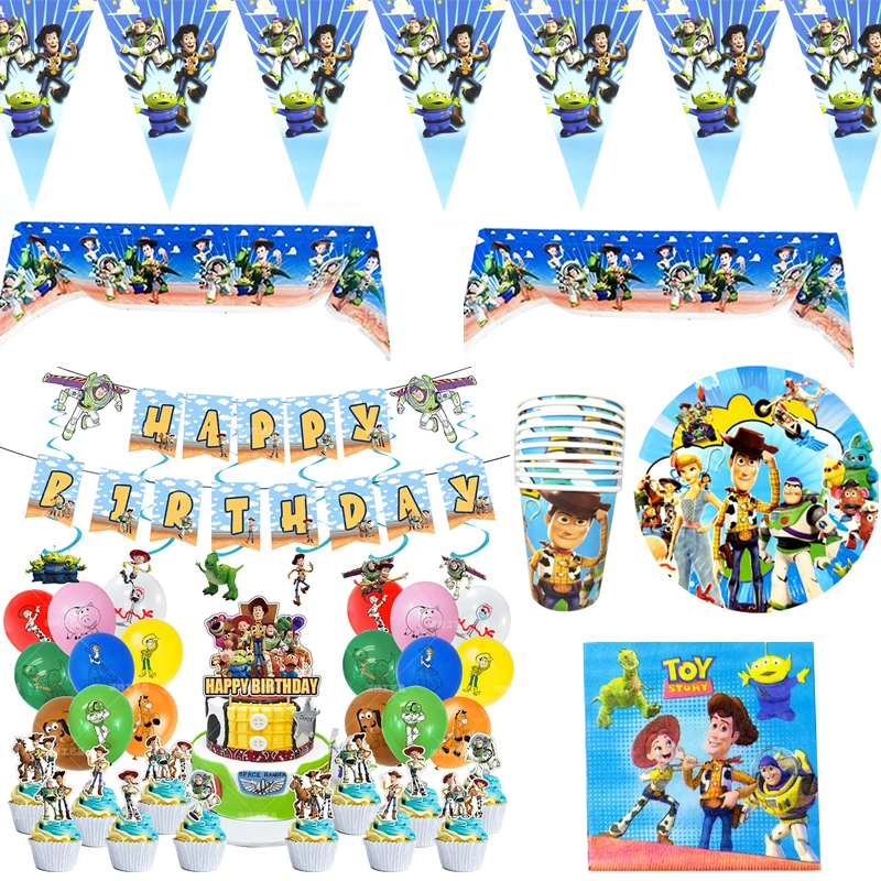 

109pcs/lot Toy Story Design Tablecloth Latex Balloons Cupcake Toppers Swirls Birthday Party Cups Plates Decorate Napkins Banner