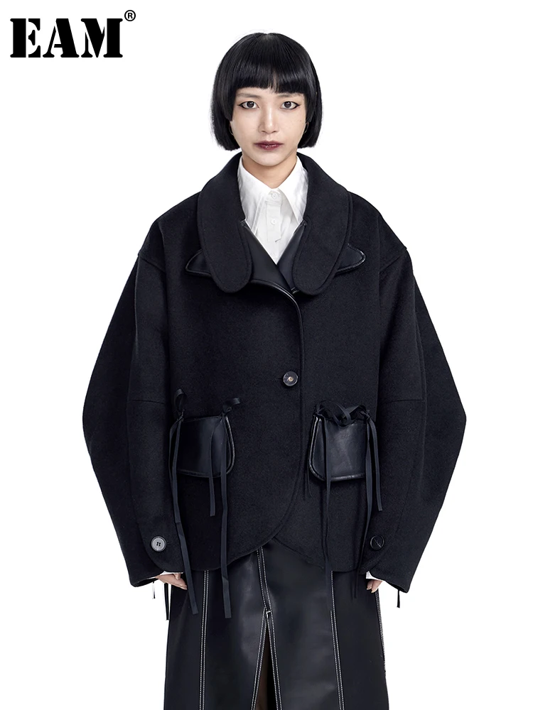 

[EAM] свободное черное кожаное пальто большого размера, шерстяное пальто, парки, Новая женская модная одежда с длинным рукавом, Осень-зима 2023 ...