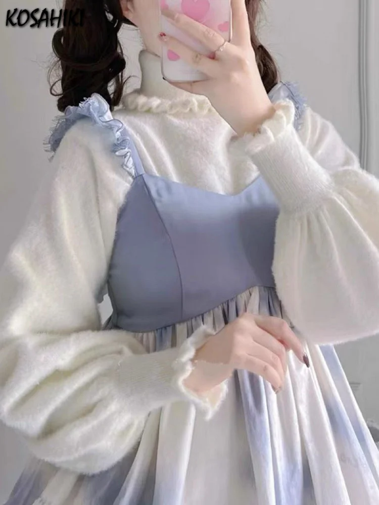 

Soft Basic Pullover Women Japanese Ruffle Turtleneck Puff Sleeve Sweater Jk Lolita Inside Jumper Women Fairy Sueter Top