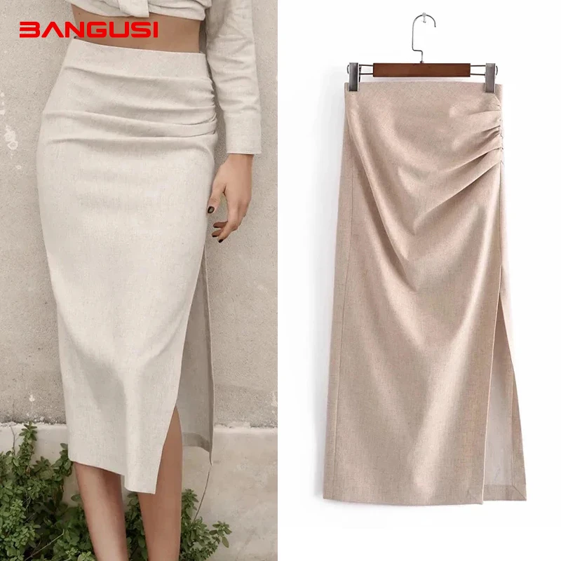 

BANGISI Za 2021 Linen Khaki Skirt Women Spring Fashion High waist Skirt Female Vintage Ruched Side Slit Chic Elegant Midi Skirts