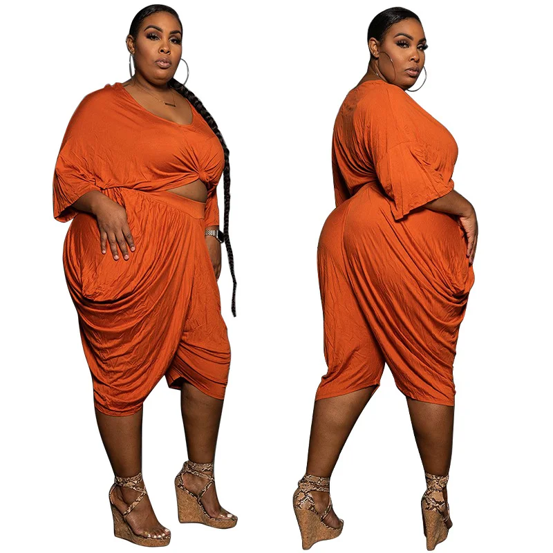 

African Clothing Wholesale Casual Fashion Solid Loose Crop Top Stacked Wide Leg Pants Two Piece Sets Summer Dropshipping