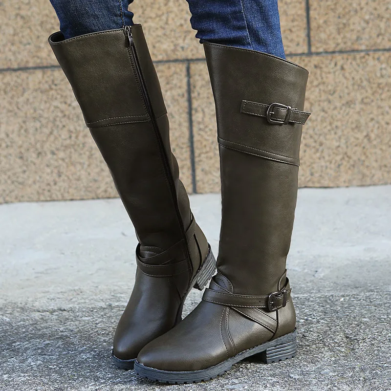 

Womens Lace Up Knee High Boots Motorcycle Riding Flat Low Heels Strappy Winter Combat Boots