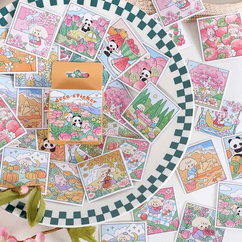 

46 pcs Kawaii Cartoon Stickers aesthetic Stick Labels Adhesive Diy Diary Album Stationery Scrapbooking Collage material