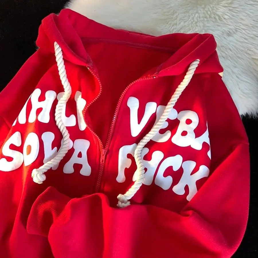 

Letter Star Print Cardigan Fall and Winter Fashion Couple Thick Hooded Jacket Loose Fleece Women Sweater