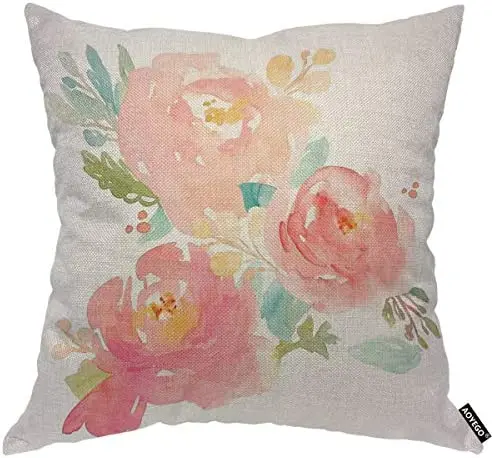 

Pink Peonies Flower Throw Pillow Cover Watercolor Floral Elegance Bloom Leaf Bud Botanical Petal Pillow Case 18x18 Inch