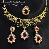 foydjew vintage luxury egyptian queen jewelry sets water drop pear shaped simulation ruby necklaces earrings rings bridal set