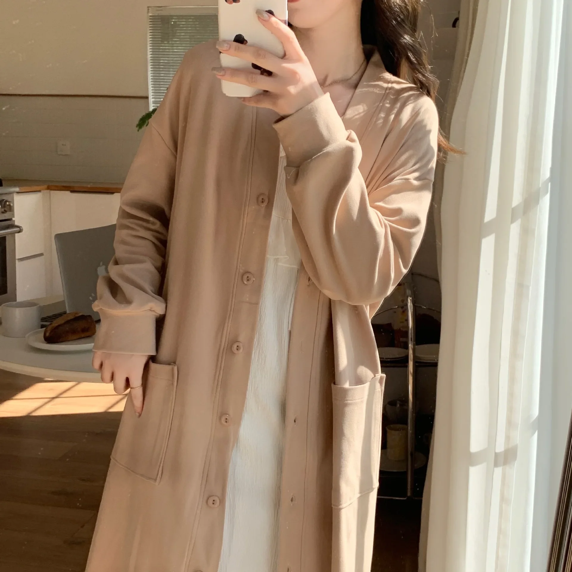 Женская флисовая одежда для сна с длинными рукавами кардиган однотонный халат