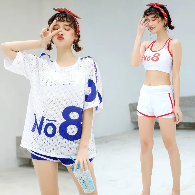 

CUPNICE 2022 Summer Letter White 3 Pack Swimsuit for Women Korean Student High Waist Boxers U Neck Swimwear Beach Bathing Suits