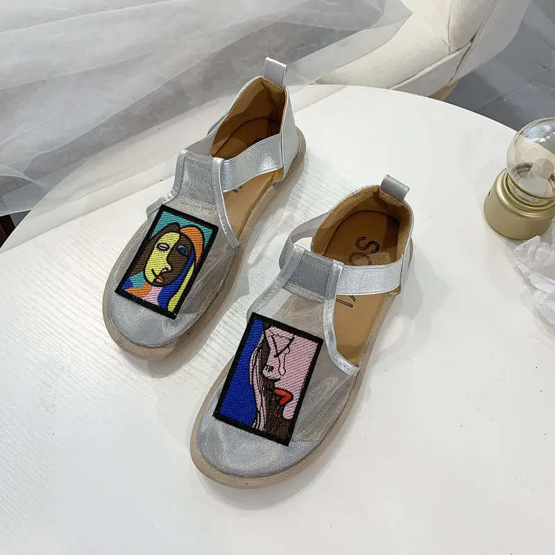 Ladies Sandals 2022 Summer New Organza Sandals Comfortable Flat Mesh Breathable Shoes Fashion Lazy Shoes Women's Shoes