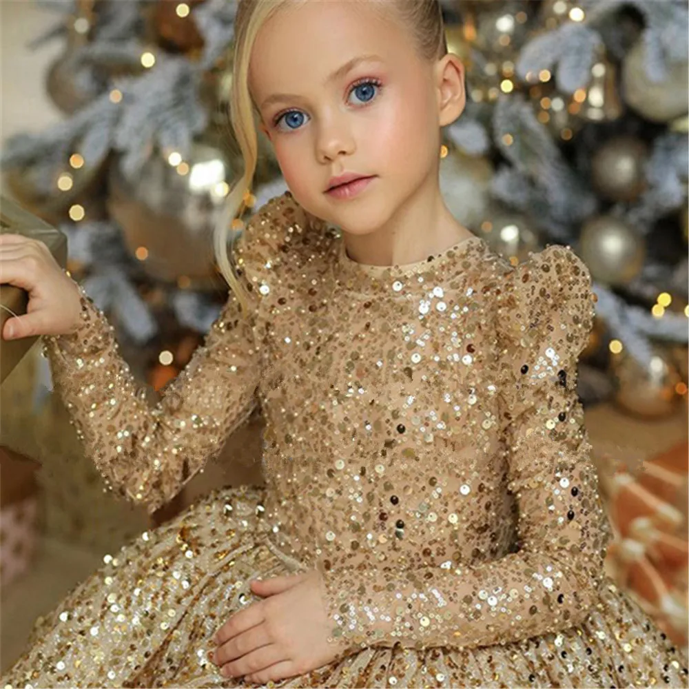 Роскошное платье для девочек с золотыми блестками и цветами пышное Пышное Платье