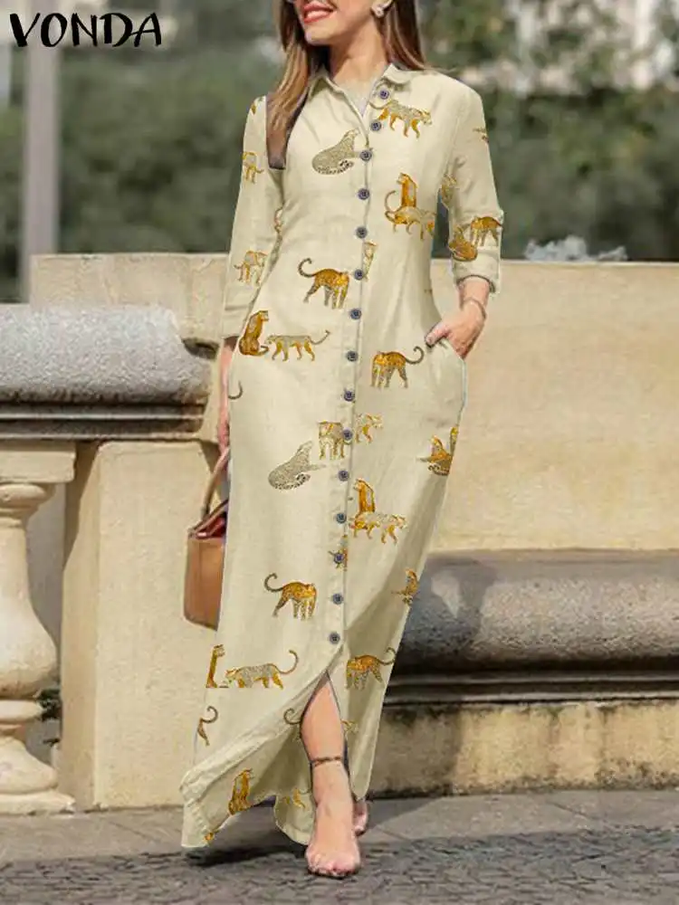 

VONDA 2022 Women Shirt Dress Sexy Lapel Button Down Long Sleeve Vintage Printed Holiday Maxi Dresses Elegant Long Robe Femme 6#