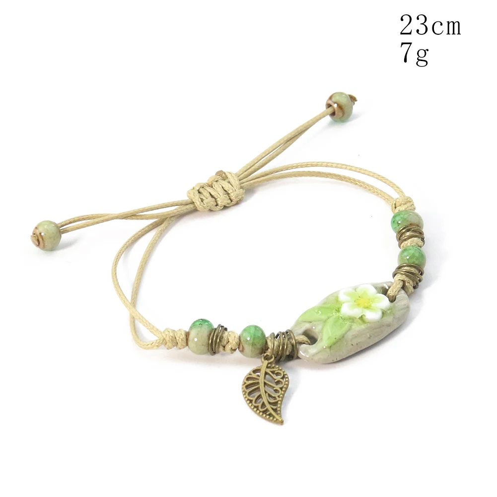 

Браслет керамический женский в ретро стиле, регулируемая цепочка с подвесками в виде цветка, листка, фарфоровые бусины ручной работы, хорош...