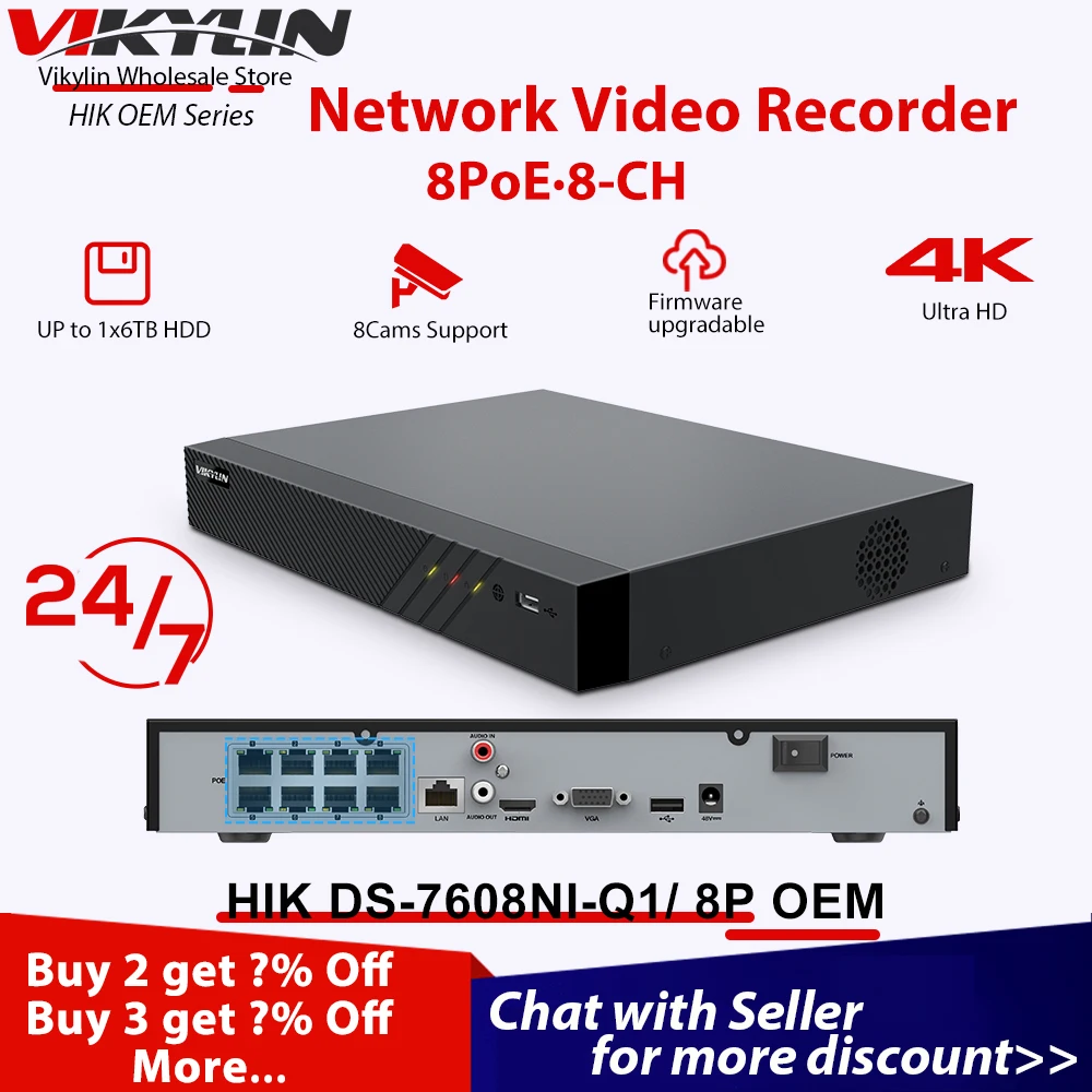 

ViKylin 4K 8CH 8POE NVR 8MP OEM Hik DS-7608NI-Q1/8P Network Video Recorder IP Camera Motion Detect Security Surveillance System
