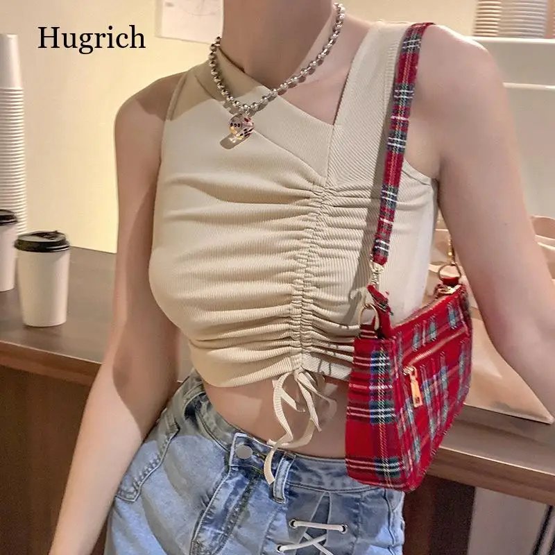 

Асимметричная Трикотажная майка, новая облегающая однотонная летняя Базовая футболка, уличный Повседневный женский простой кроп-топ без р...