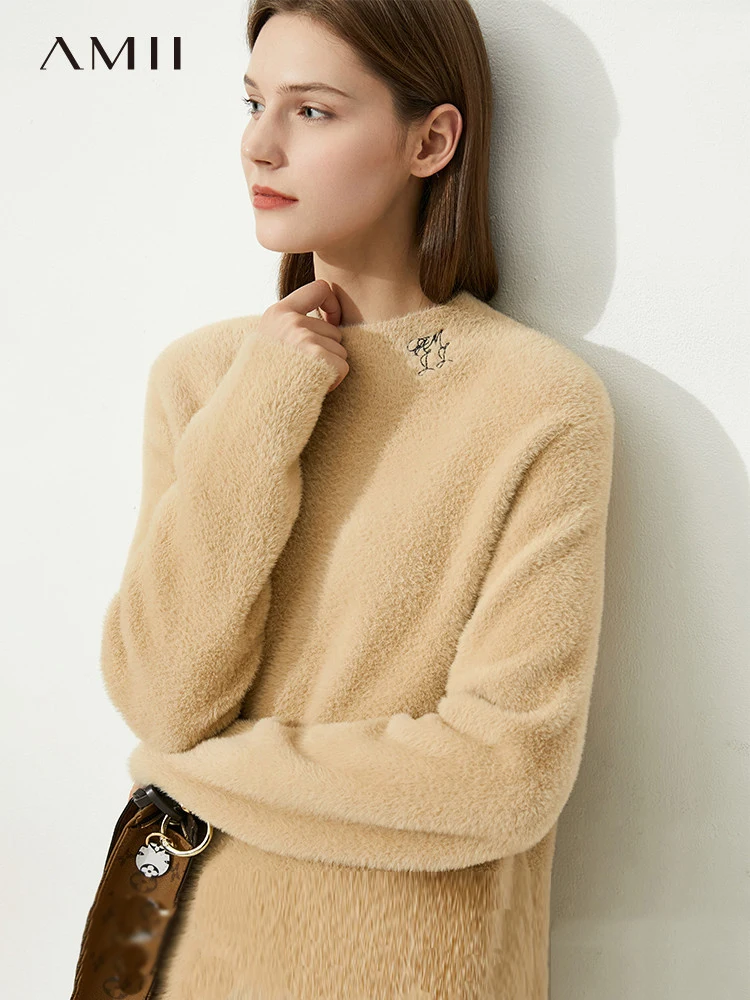 

AMII Minimalism 2022 Winter Half Turtleneck Sweater Lazy Comfortable Embroidery Loose Sweaters Women Warm Knit Tops 12130455