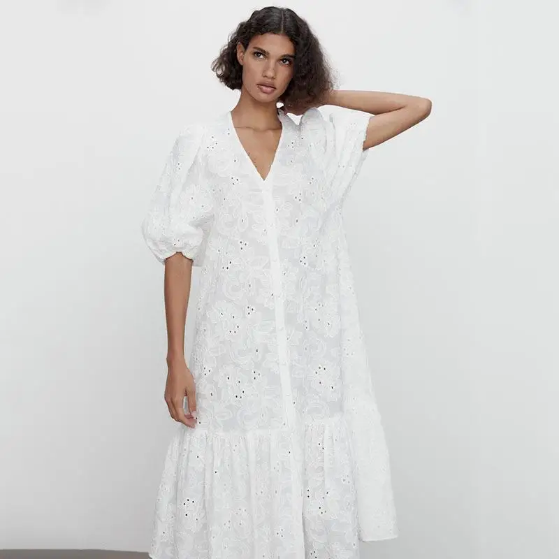 

Женское Хлопковое платье-миди с коротким рукавом, с карманами