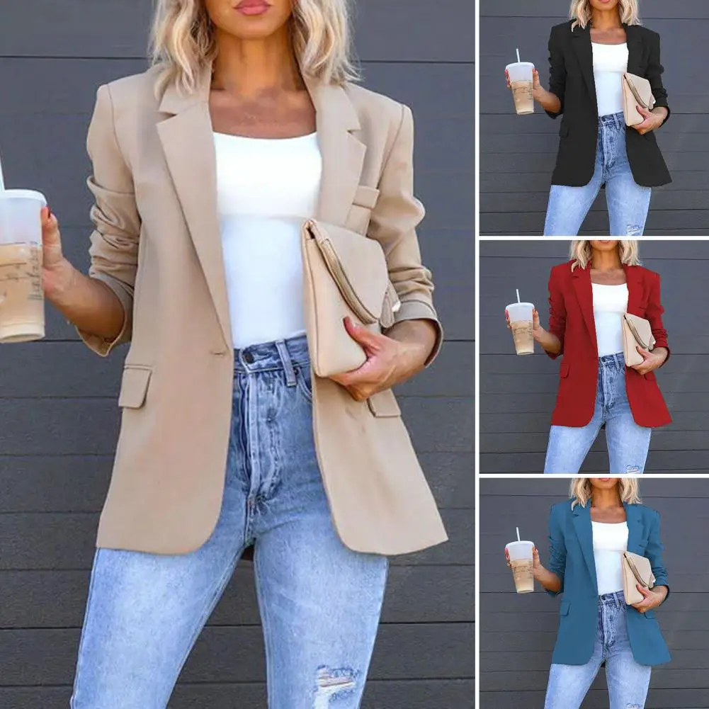 

Lapel Long Sleeves Flap Pockets Back Split Hem Blazer Autumn Winter Solid Color Single Button Temperament Suit Coat Outerwear