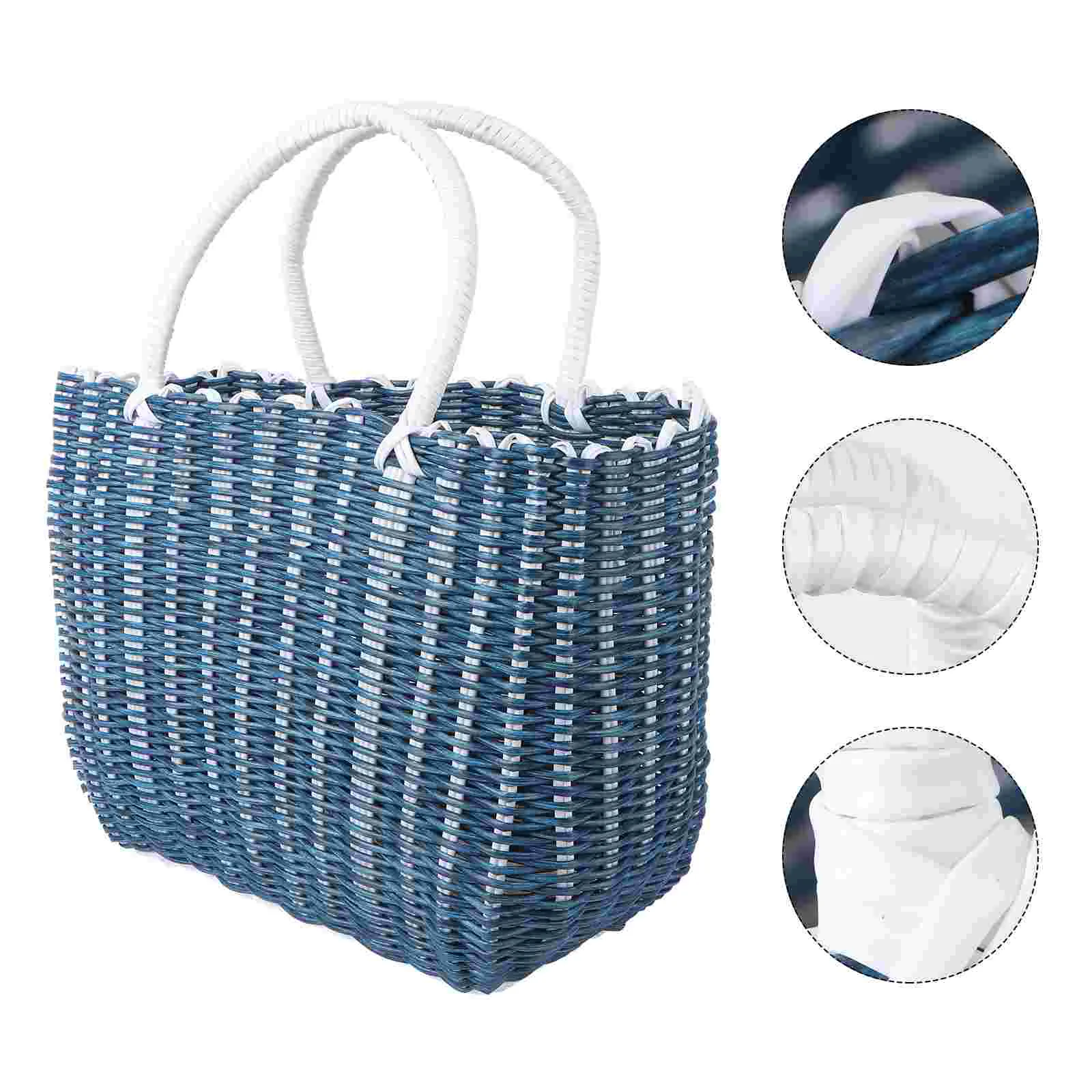 

Basket Woven Shopping Tote Plastic Market Grocery Handle Storage Beach Picnic Straw Handles Wicker Baskets Rattan Shower