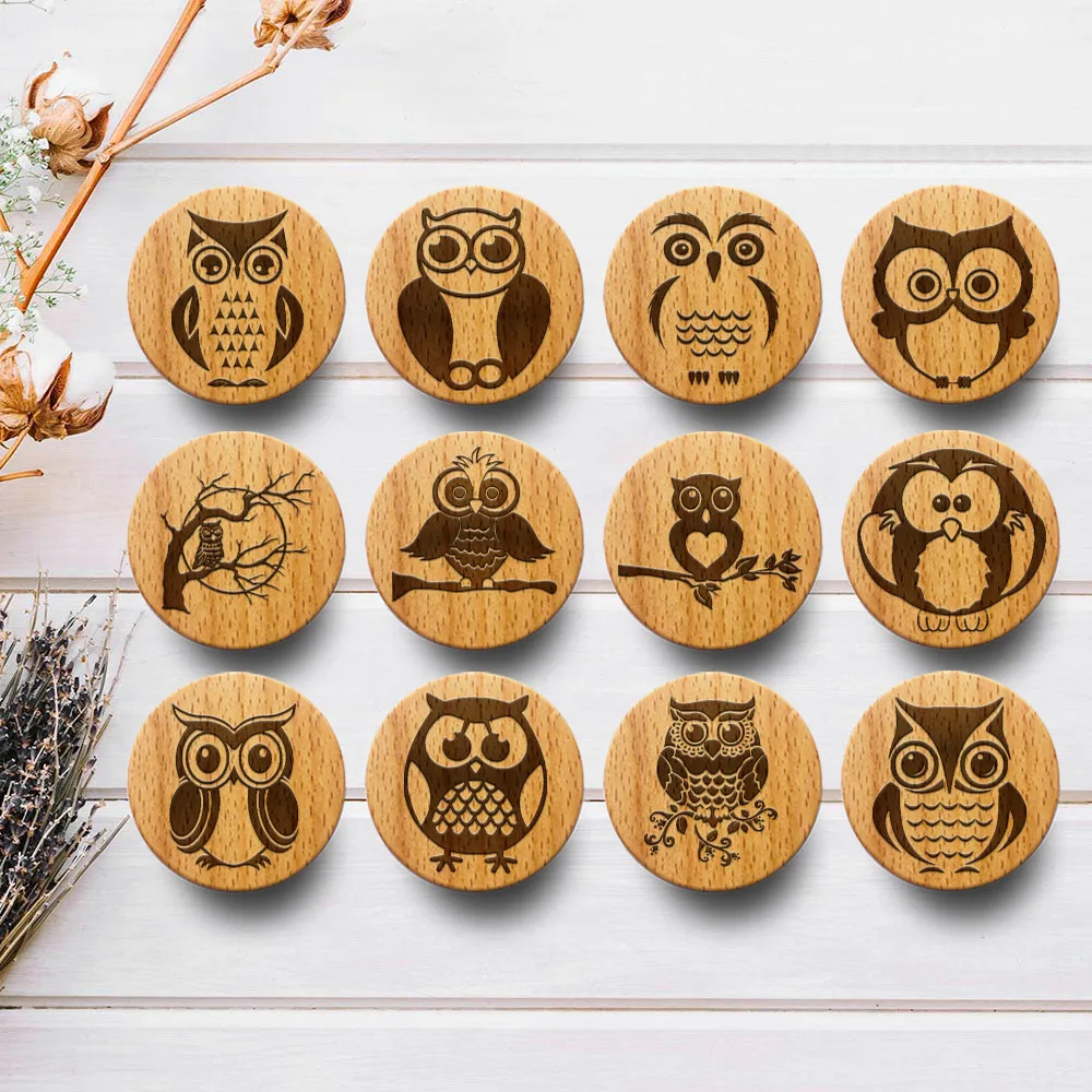 

New Engraved Animals Owl Wooden Drawer Knob Boho Nursery Cabinet Pulls Nature Wood Coat Hook Children's Room Furniture Handles